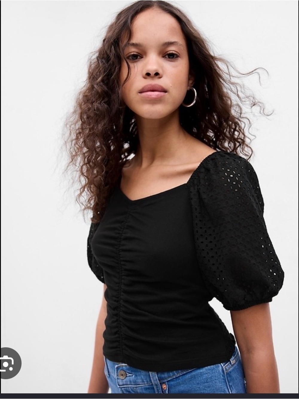 100% Organic Cotton Vintage Puff Sleeve Crop Black Cottage Core with Fitted Back